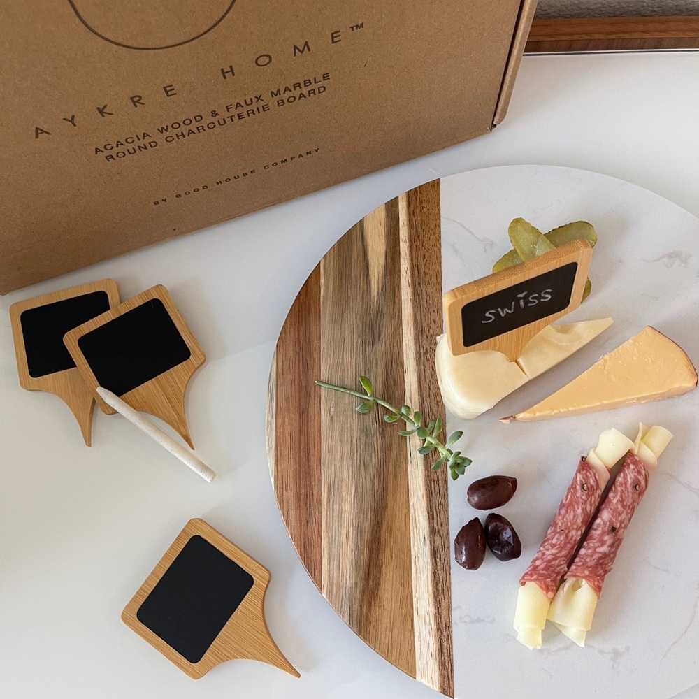 Round Marble & Acacia Wood Luxury Charcuterie Cheese Board Cutting Board NIB